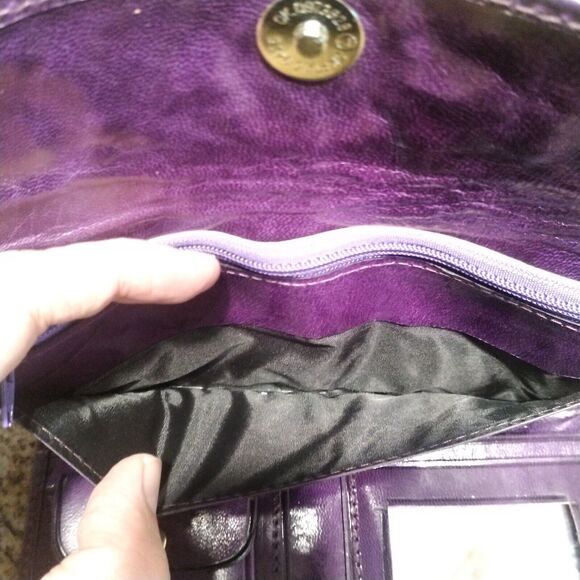 Mexican Hand Tooled Leather Trifold Clutch Wallet Clutch Floral Deep Purple - Picture 7 of 8